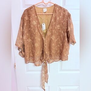 By Together gold and White Tie-Front Blouse nwt oversized L boho flowy